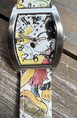 Disney Time Works Mickey Pluto Genuine Leather Stainless Steel Vintage Watch