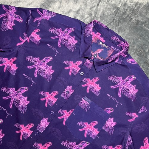 Camicia fucile retrò uomo XL "Saws and Macaws" viola Hawaiian Camp con bottoni usata in ottime condizioni - Foto 2 di 13