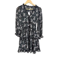 William B women's Black Floral Print Long Sleeve Ruffle Mini Dress Size M