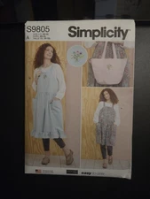 Simplicity S9805 Crossback Pinafore Apron & Tote Bag, Embroidery Sz XS-XL UNCUT