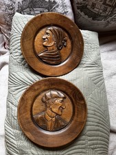 Bois sculpté décoratif, décoration murale, lot de 2 plaques rondes portraits