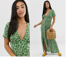 Brand New ASOS TALL Green Floral Print V Neck STRETCHY Summer Maxi Dress Size 14