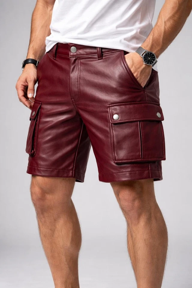 Short homme en cuir bordeaux six poches | Short cargo en cuir de mouton vérit... - Photo 3/4