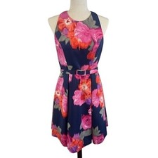 Eliza J Floral Print Fit & Flare Halter Dress Navy Pink Party Cocktail Size 6