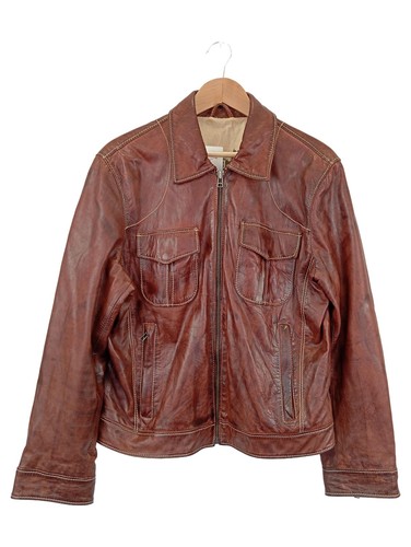Veste En Cuir Vintage Homme Marron - Taille M (IT 48), Style Moto, Bon état Occasion