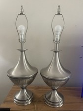2 VINTAGE STIFFEL PEWTER TABLE LAMPS 37" XL URN MCM BLACK ROPE TRIM REGENCY Pair