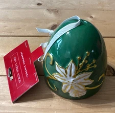 North Spruce Lane Ceramic Ornament Bell Green With White Poinsettia