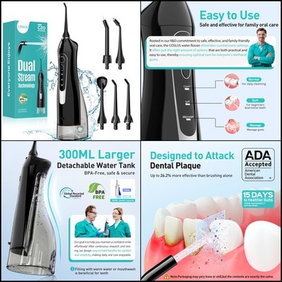 Dental Water Flosser Cordless Oral Irrigator Cleaner 300ML Rechargeable IPX7