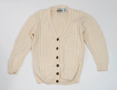 Vintage Aran Crafts 90s Fisherman Cable Knit Wool Cardigan L Wooden Button Cream