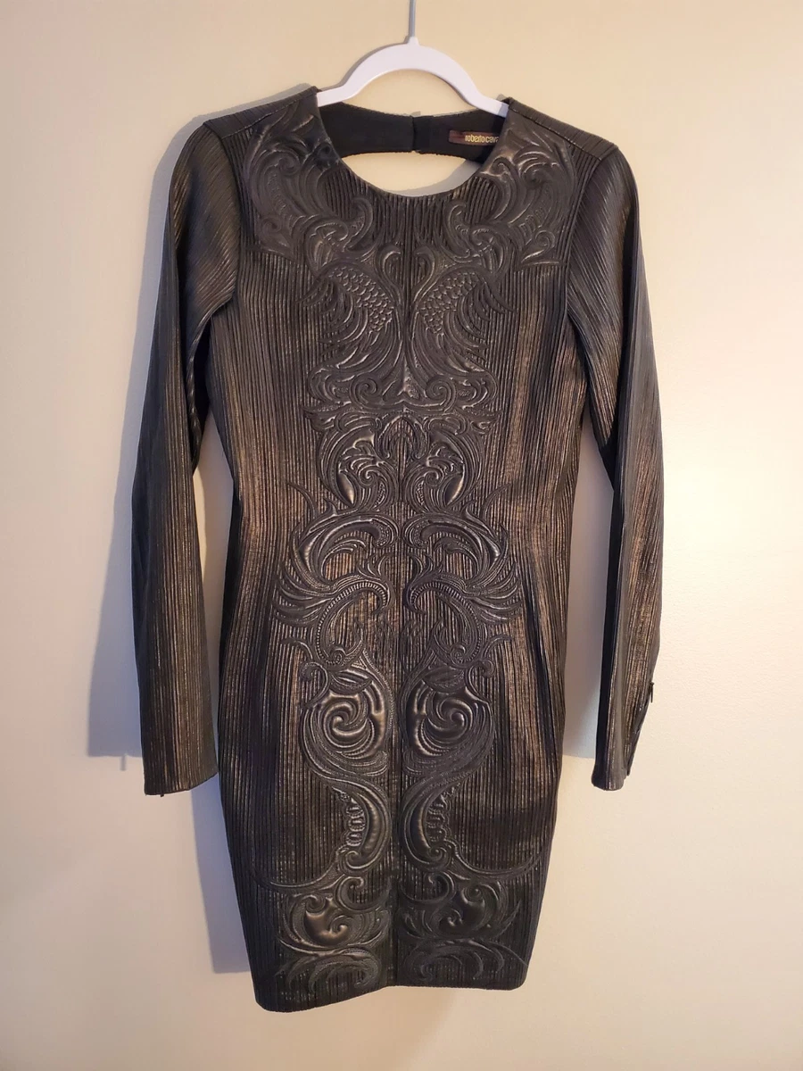 knee length dresses for ladies 2002 Roberto Cavalli Black Leather Appliqu Sheer Mesh Low-Cut Gown