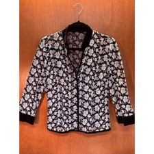 VTG Black  Ivory Floral Embroidered Sheer Mesh Cardigan w/ Velvet Trim sz 8