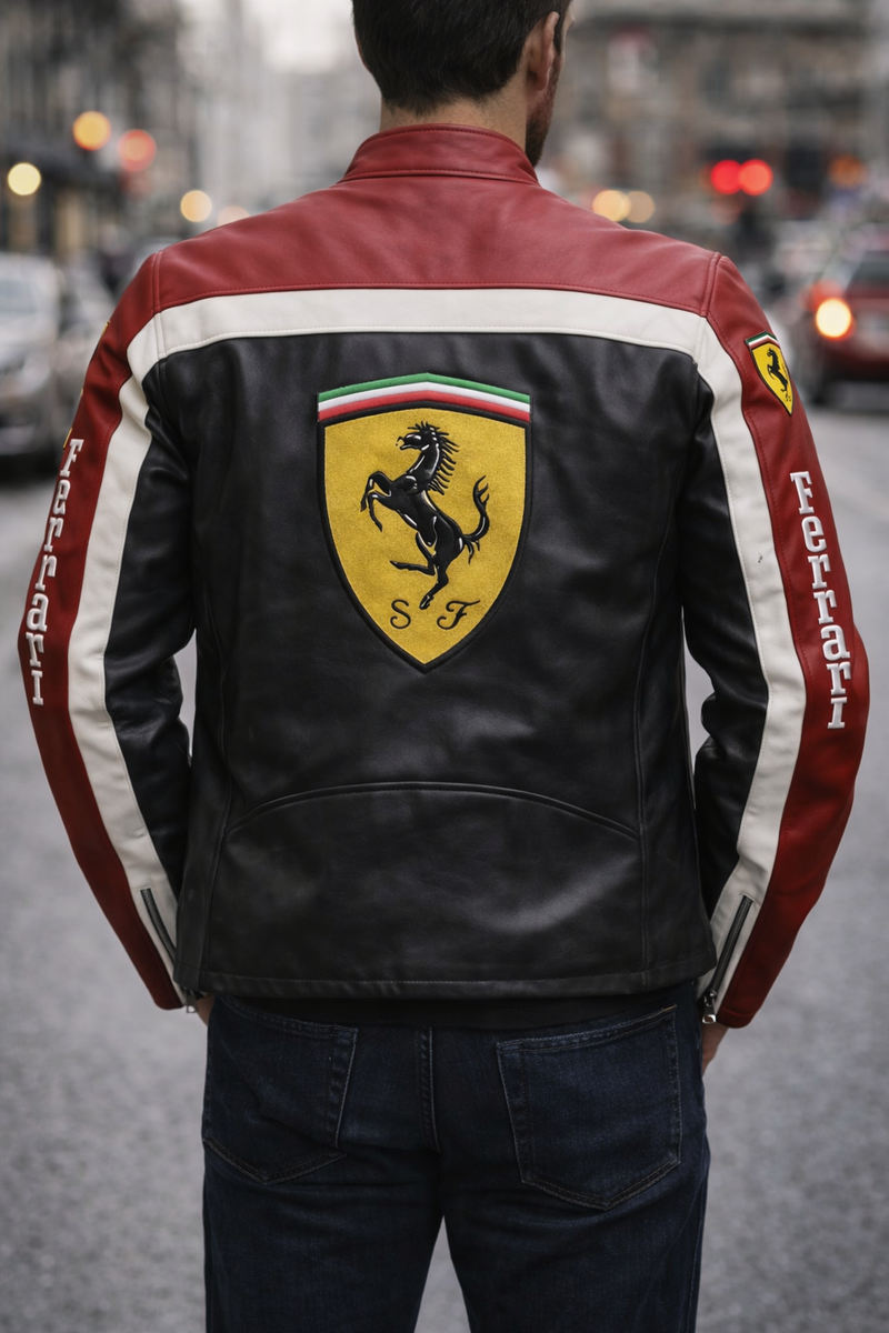 Men's Ferrari Style Racing Leather Jacket Red Black Biker Moto