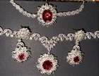 Silver Red Ruby Stone Vintage Jewelry Set. Necklace Earrings Bracelet Ring