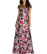 Adrianna Papell Floral Illusion Dress - Size 2 - Pink/Black Mikado Gown