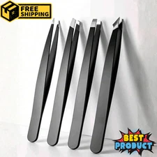 4x Professional Eyebrow Tweezers Set Plucker Puller Slanted Pointed Tip Manicure