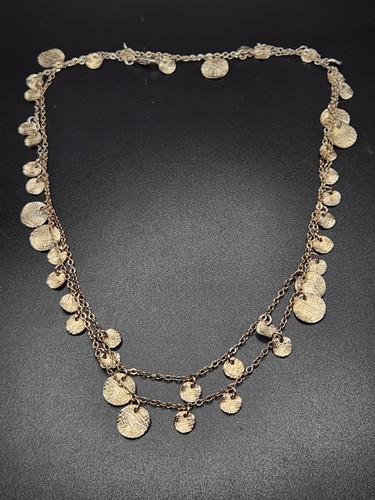#0063 - Silver Tone Textured Coin Dangle Statement Necklace 16.2g