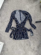 Reformation Zircon in Capone Stripes Long Sleeves Wrap Dress Navy Blue US 0