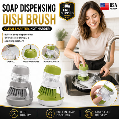 Soap Dispensing Dish Brush Kitchen Scrub Cleaner Palm Brush with Tray Set