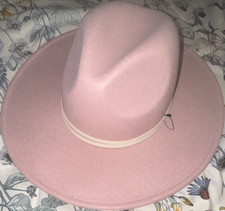Pink Wide Brim Wool Felt Fedora Hat with Band for Women Western Style