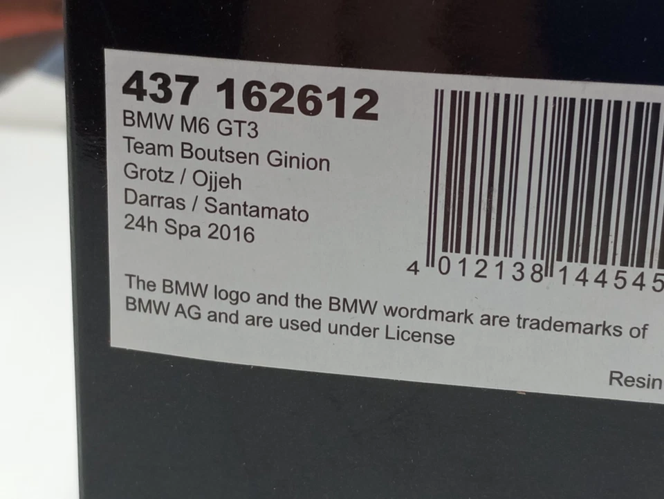 MINICHAMPS - BMW M6 GT3 #12 24 HOURS OF SPA 2016 1:43 SCALE MODEL CAR 437 162612 - Image 3 of 4