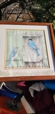 ORIGINAL FRAMED DRAWING BLUE BIRDS AND BIRDHOUSE