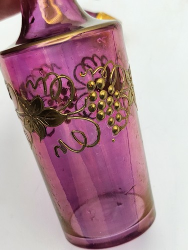 Antigua botella de perfume rosa oscuro bohemio esmaltado dorado. Moser? 7,5" H - Imagen 5 de 11