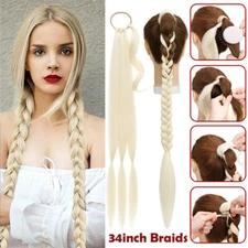 34" Long Thick Braids Ponytail Box Braiding Wrap On Pony Tail Hair Extensions US