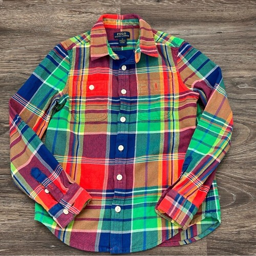 POLO Ralph Lauren Boy's Plaid Pocket Cotton Shirt Multicolor Flannel Size 12 - Picture 2 of 4