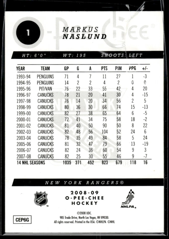 2008-09 O-Pee-Chee  H1R1A Markus Naslund New York Rangers #1 - Image 2 of 2