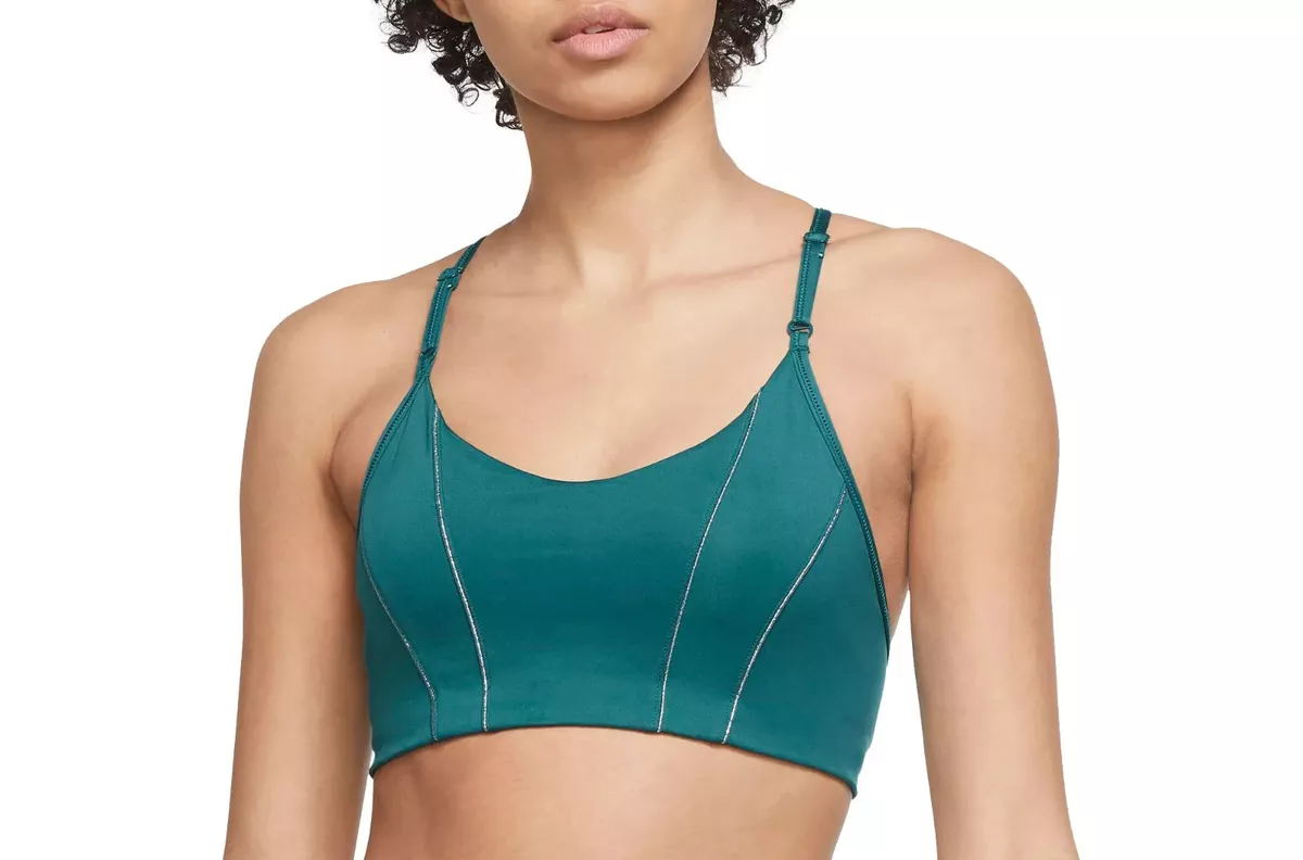 New Women's Medium Nike Yoga Indy Teal Blue Metallic Sports Bra