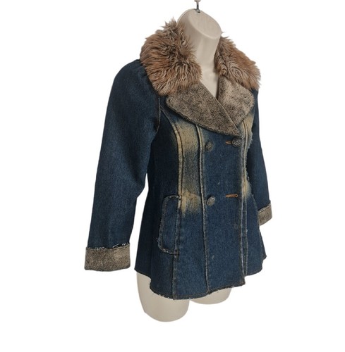 BLUE MARINE Kid Denim Jacket Size 11 Faux Fur Neck Ling Button Up Flee Line 321P - Picture 2 of 7
