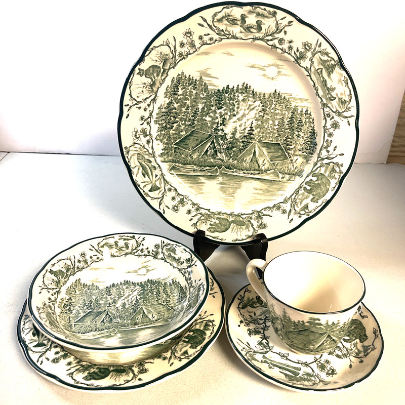 International Bob Timberlake Camp Green 5 PC Set Lodge Outdoor Plates Bowl Cup
