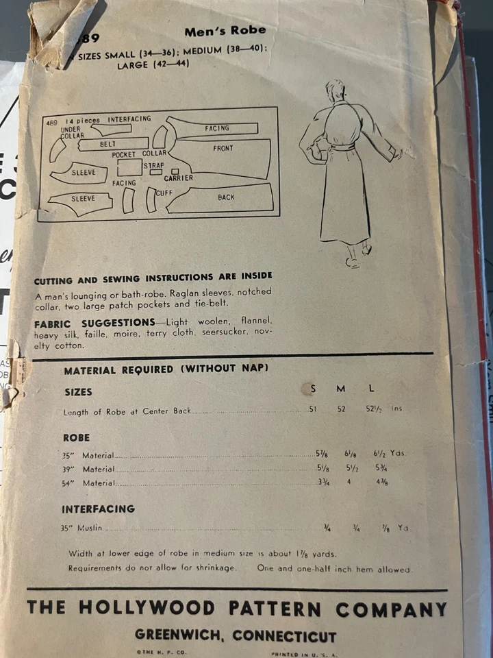 VINTAGE SEWING PATTERN-HOLLYWOOD BRAND #489-1940'S?-MEN'S ROBE - SZ LG-RARE,HTF - Image 2 of 4