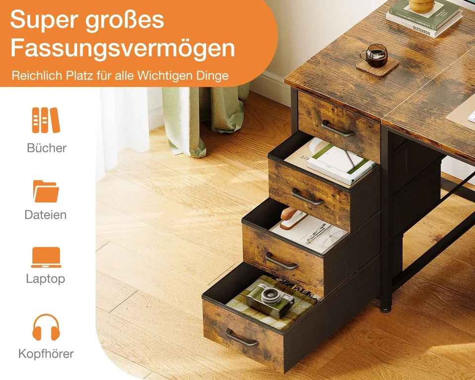Schreibtisch mit 8 Stoff Schubladen 120x48cm Schreibtisch mit Stauraum Comput... - Bild 3 von 4