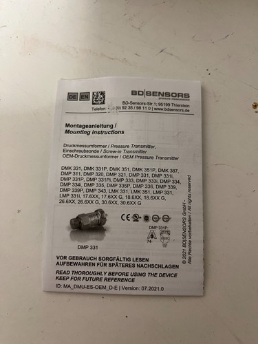BD Sensors DMK 331 Pressure Transmitter 1...0 Bar 4-20mA 8-32VDC New Open Box - Picture 3 of 9