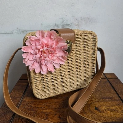 Boho Woven Straw Crossbody Bag Square Rattan Purse with Pink Flower Accent - Image 1 of 4