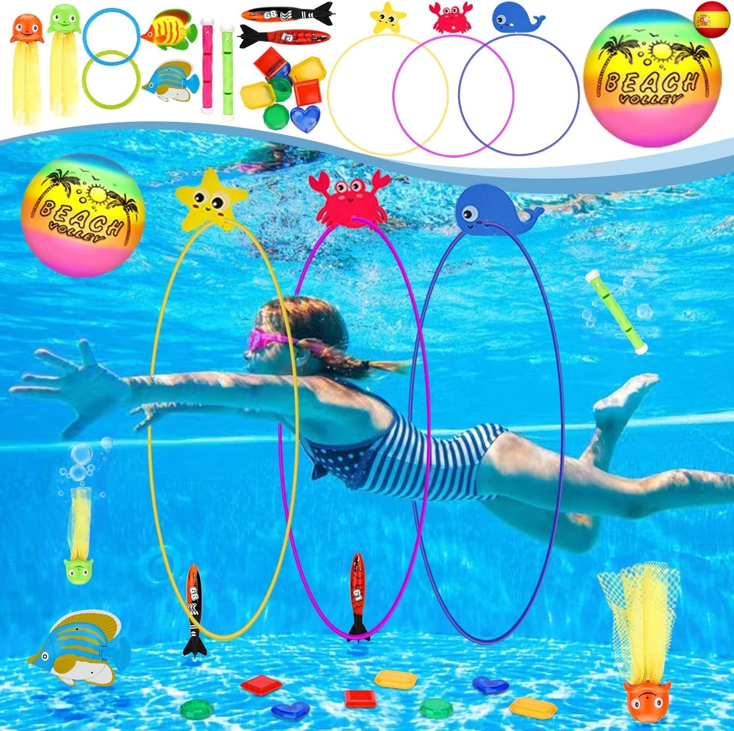 MutoToy®Juguete de Buceo, 27 Piezas Juegos de Agua para Niños con Pelota de P