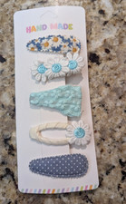 Girls 5 Piece Hand Made 2" Hair Clips Fabric Covered Turquoise Flowers