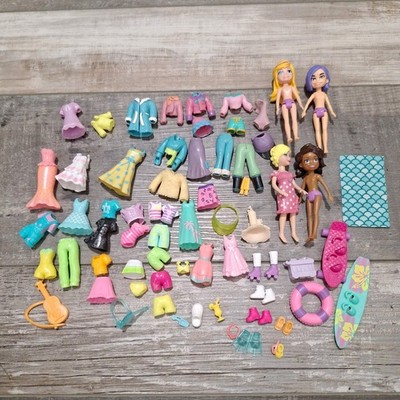 Mattel Polly Pocket 4 Dolls, Rubber Clothes Outfits, Shoes & Accessories Lot