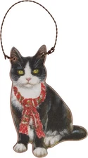 Primitives By Kathy Tuxedo Cat with Holiday Scarf Wooden Christmas Ornament