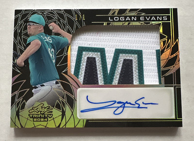 2024 Leaf Trinity Baseball Logan Evans Black 1/1 Prospect RC Patch Auto  Seattle