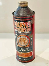 V2416AQ - Vintage Marvel Mystery Oil Cone Top Tin Can Red 16 Oz - Full!