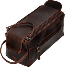 Genuine Buffalo Leather Unisex Toiletry Bag Travel Dopp Kit Men Shaving Case