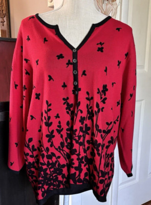 Cathy Daniels Sweater Sz 2X Red Black Floral Top V-Neck 1/2 Button Long Sleeve