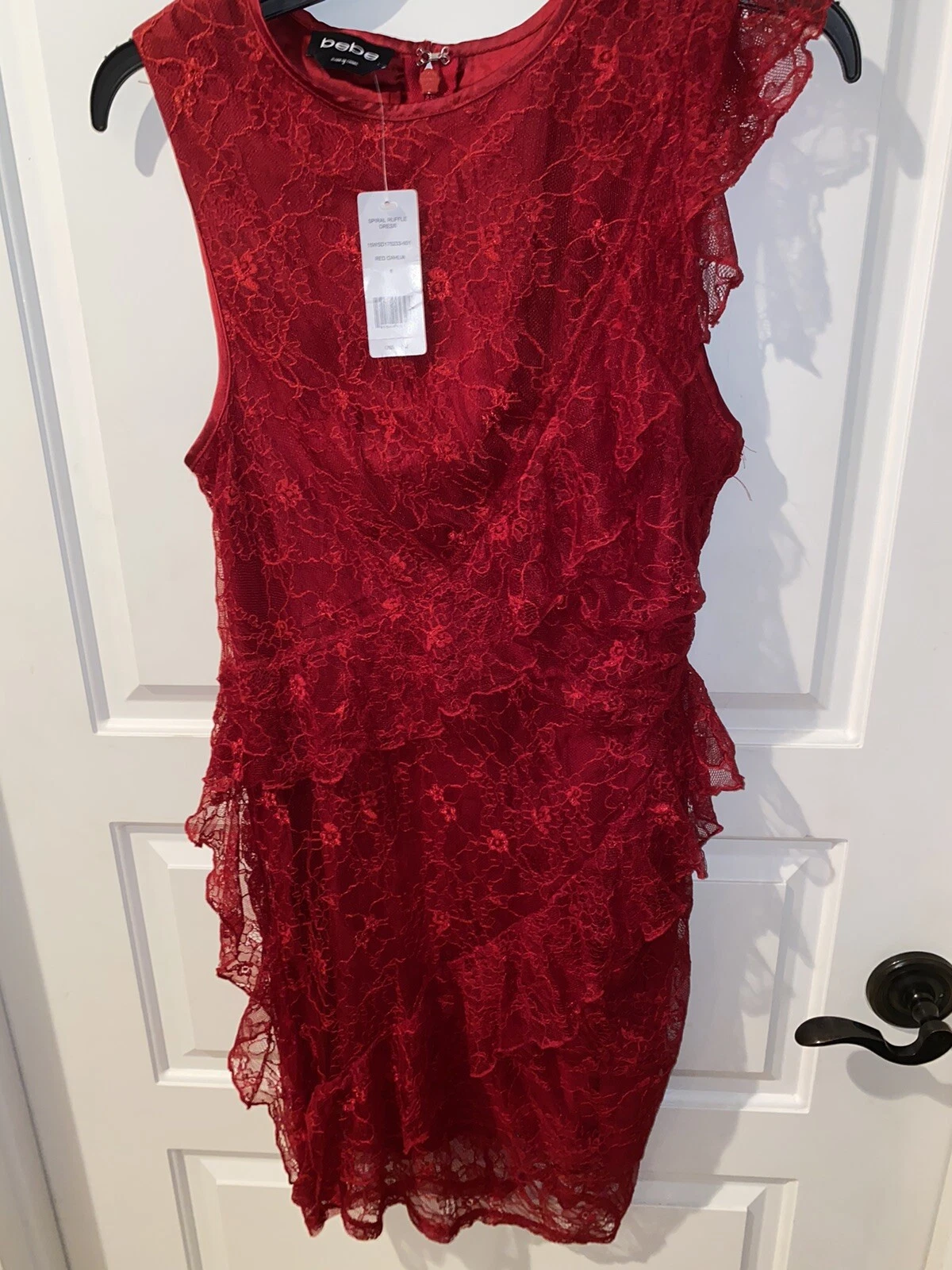 Mini abito BEBE rosso pizzo spirale nuovo con etichette volant taglia 8 HTF foderato San Valentino romantico