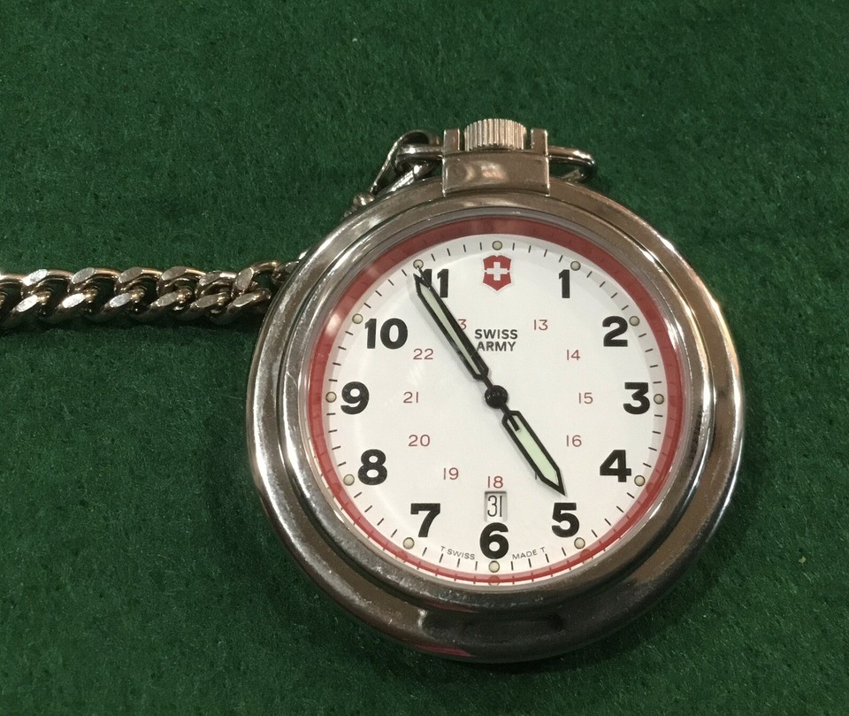 VICTORINOX Pocket Watch Open Face Swiss Chain Leather Bag New Battery