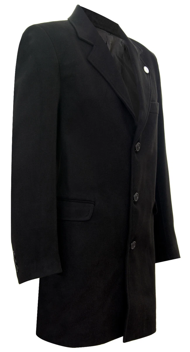 Mens 3 4 Long Black Wool Overcoat Jacket Peaky Blinders Slim Fit