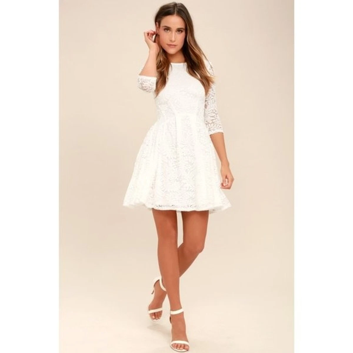 NWT Womens Size Medium Lulu s White It s a New Day White Lace Skater Mini Dress