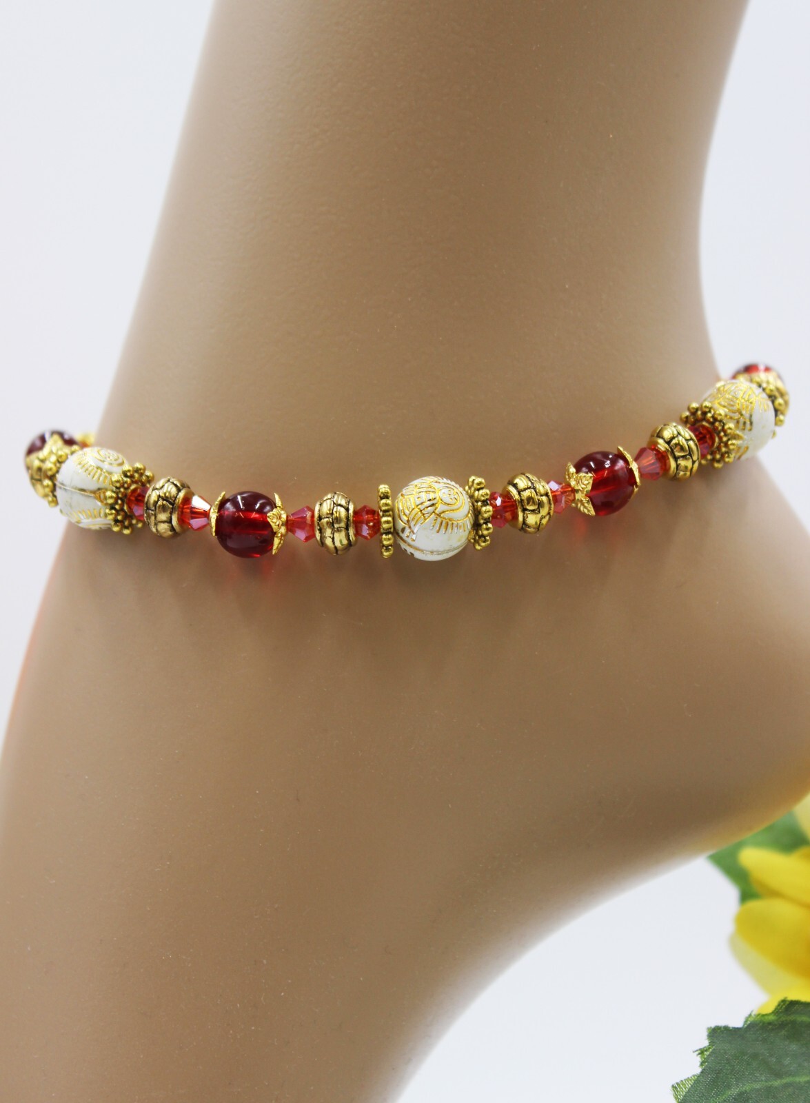 Ankle Bracelet Glass Beads Red Acrylic Gold White Spacer Boho Size M #K031