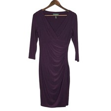 Lauren Ralph Lauren Purple 3/4 Sleeve Ruched V-Neck Dress Size 4